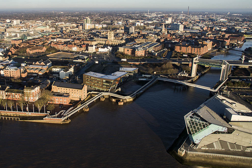 Hull aerial view of harbour with The Deep